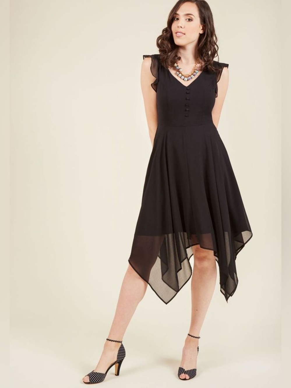 ModCloth Black Chiffon Flutter Sleeve Witchy Handkerchief Hem Dress